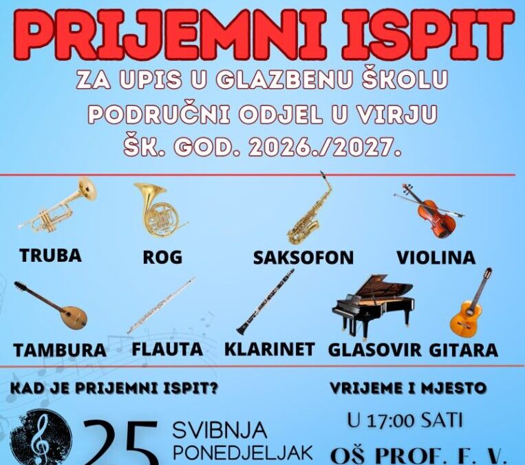 Prijemni ispit za upis u Umjetničku školu “Fortunat Pintarić” PO Virje